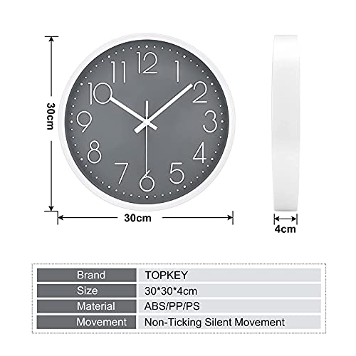 Topkey Wall Clock 12" Silent Non Ticking Arabic Numeral Clock Round Decorative Wall Clock for Living Room, Bedroom, Kitchen (Battery Not Included) Grey - Image 3