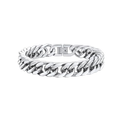 FaithHeart Stainless Steel Cuban Link Bracelet for Men, Gold Plated/Black/Silver Mens Chain Bracelet 8/12/17mm Width, 7.5/8.3/9.1 Inch Length Sturdy Wrist Bracelets Hip Hop Jewelry, with Gif