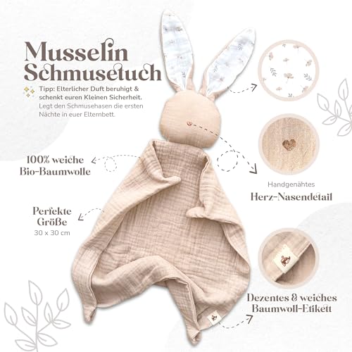 Mikito Baby Geschenk Junge & Mädchen/Neugeborenen Geschenk mit Musselin Schnuffeltuch + Beißring + Lätzchen + Baby Holzschild/Geschenk zur Geburt