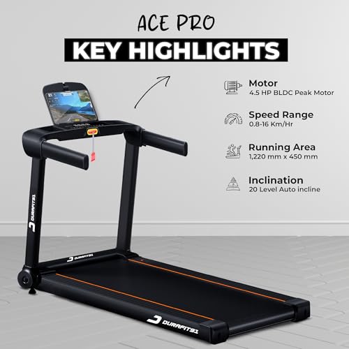 Image of Ace Pro 4.5 HP Peak BLDC Motorized Treadmill | 20 Level Auto Incline| 16 Km /Hr Max Speed | 120 Kg Max User Weight| Bluetooth Speaker | Wynd app | Home use