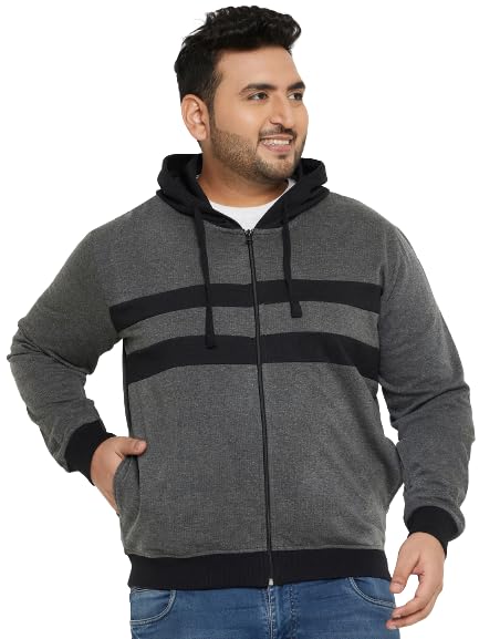 Image of AUSTIVO Men's Grey Full Sleeve Striper Hooded Plus Size Sweatshirt