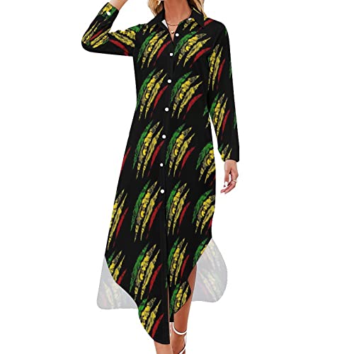 Lion Rasta Reggae Jamaica Roots Shirt Dress Long Sleeve Button Down Dress Casual Loose Maxi Dresses for Women XL