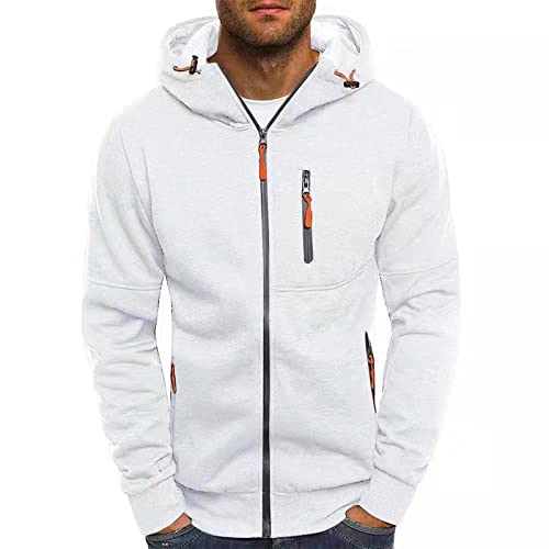 Mens Slim Fit Hoodie Casual Long Sleeve Lightweight Zip-up Hoodie With Zip Pocket White