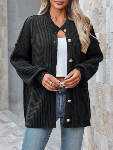 Saodimallsu Womens Button Down Cardigan Sweaters Oversized Lantern Sleeve Knit Jacket Winter Mock Neck Outwear Trendy Coats2