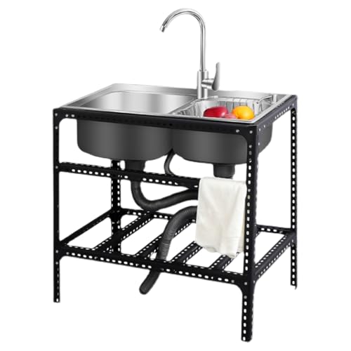 GOCHUSX Stainless Steel Sink, Freestanding Double Bowl Sink with Support and Various Accessories, Integrated Stainless Steel Sink for Kitchens, Bathrooms, Laundry Room(80x45x75cm)