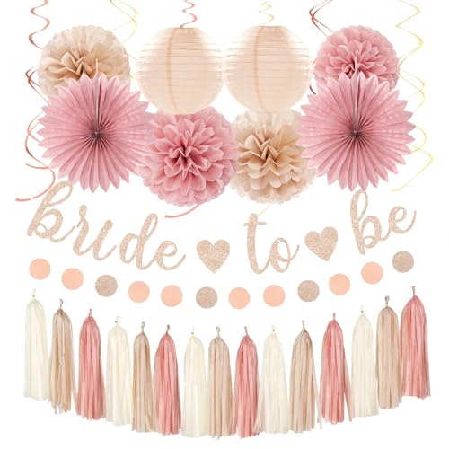 Image of Blush-Pink Rose-Gold Bridal-Shower Fall Party-Decorations - 31pcs Bride to Be Sign Banner,Bachelorette Paper Lanterns,Wedding Streamers Garland,Boho Peach Tissue Pom Poms Fans Decor Supplies Burgleda