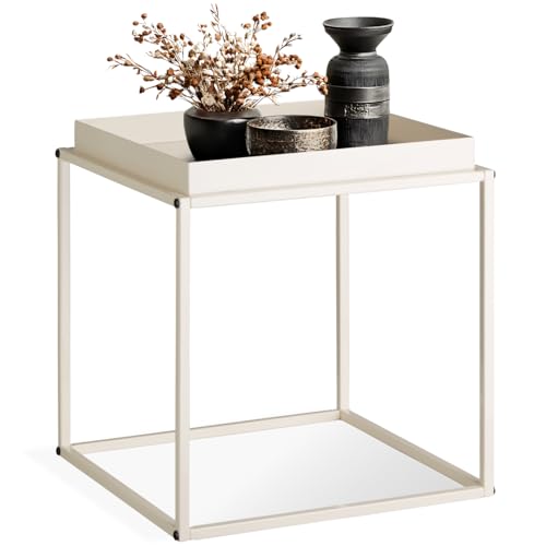 tectake® Mesa Auxiliar Apilable, Acero con Bandeja, Topes Antideslizantes, Muebles Auxiliares, Mesas Salon, Mesitas de Noche, Mueble Comedor, Mesa de Centro   40 x 40 x 44 cm Crema