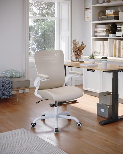 Image of MUXX.STIL Office Chair, PU Leather Ergonomic Desk Chair with Adjustable Lumbar Support and Flip up Armrest, Breathable Mesh Computer Chair for Home Office, Khaki
