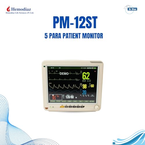 Image of Dr Diaz 5 Para Patient Monitor PM12ST | ECG, SpO2, NIBP, Respiration, Temperature | 12.1 Inch Real-Time Alarms | Suitable for neonatal, pediatric, and adult patients | 4hrs Battery Backup 1yr warranty