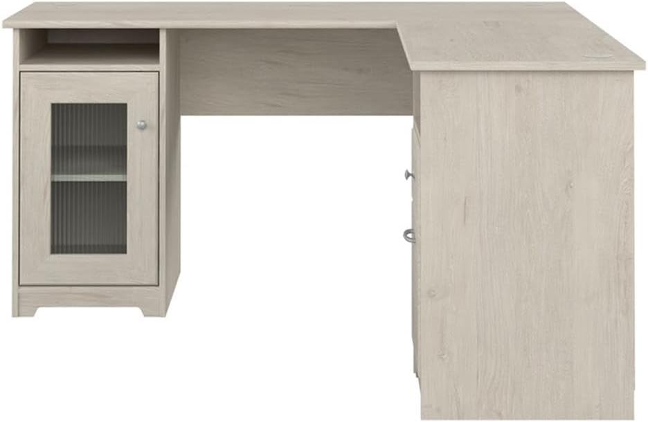 BOWERY HILL L-Shaped Computer Desk, 60W Engineered Wood, Linen White Oak Finish, Built-in USB Hub, Fluted Glass Cabinet, File Drawer, Box Drawer, Open Shelves, Home Office Corner Desk for Workspace