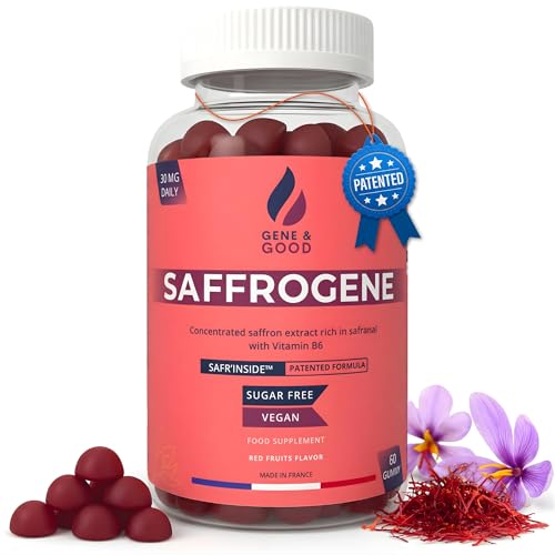 SaffroGene Gummies mit Safran & B6 Stressabbau Schlaf Stimmung Fokus PMS & Menopause 60 vegane Gummies mit rotem Fruchtgeschmack Für Kinder & Erwachsene