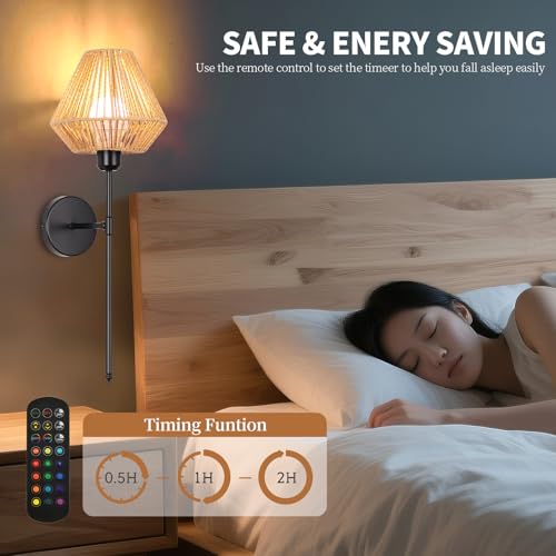 Image of Battery Operated Wall Sconces Set of 2,Rattan Rechargeable Wall Light Dimmable with Remote Control,15 Color Changing and Timer,Boho Black Gold Wall Lamps for Bedroom,Living Room