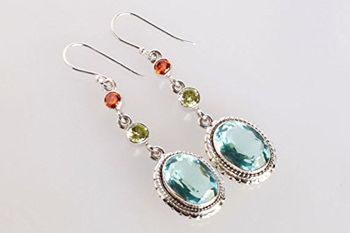 Boucles d'oreilles quartz bleu argent sterling péridot cornaline