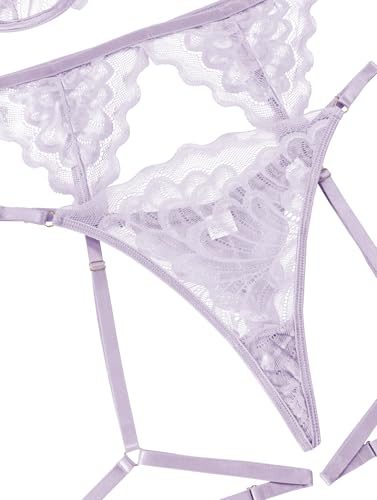Image of Lilosy Sexy Choker Floral Lace Scallop Sheer Underwire Push Up Garter Belt Lingerie Set 3 Piece
