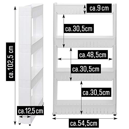 EYEPOWER Nischenregal mit 4 Ebenen - 12,5 cm Schmales Regal auf Rollen - Bad Nischenwagen Nischenschrank Küche Küchenwagen Schmal Mini Schrank Toiletten Organizer Nischenschrank Badezimmer Regal