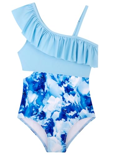 Image of Alakuoti Girls One Piece Swimsuits Cutout Ruffle Bathing Suit Quick Dry Beach Swimwear with Adjustable Strap 5-14 Years