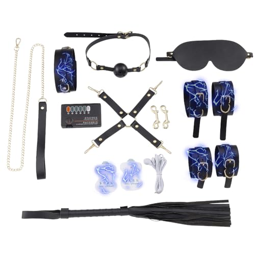12er Elektro Shock BDSM Schwarz Bondage Set Sex spielzeug für die Paare Elektrische Stimulation Einstellbar Handschellen Fußfesseln Elektrostimulation Fesselset SM E-stim Sexspielzeug Für Männer Frau