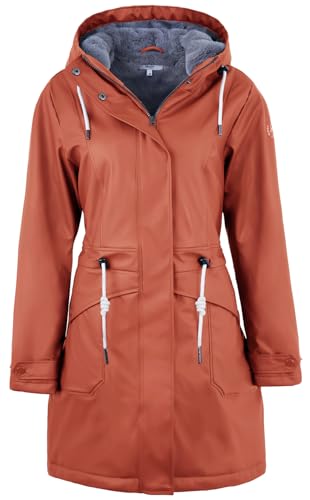 rhythm of the rain Regenjacke Damen mit Warm gefüttert Winterjacke Damen wasserdicht PU Regenmantel Friesennerz übergangsjacke mit Kapuze Karamell 38