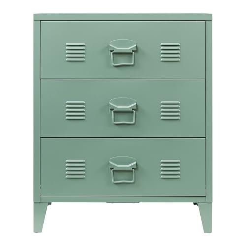 Commode métal 3 tiroirs vert mat industriel, en.casa