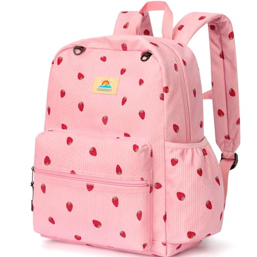 Image of STEAMEDBUN Corduroy Kids Backpack for Girls and Boys 5-8: Girls Backpack for Elementary Kindergarten - 15 inch Cute Backpacks for Kids - Strawberry