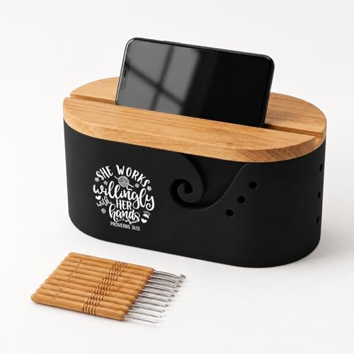Large Yarn Bowl for Crocheting - Double-Sided Quote Crochet Storage Bowl & Wooden Yarn Holder - Yarn Storage & Knitting Accessories Unique Gifts for Crocheters and Knitters (Black)