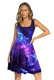 Fanient Women's Space Sleeveless Dress Summer Galaxy Print Beach Midi Dress Fashion Scoop Neck Swing Dress L