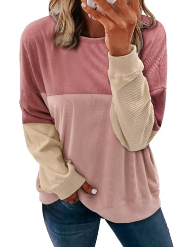 KISSMODA Women's Casual Long Sleeve Sweatshirt Color Block/Solid Crewneck Corduroy Pullover Cute Tops