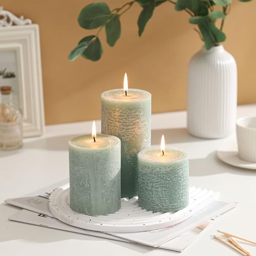 3x4 Inch Sage Green Pillar Candles Set of 3 - Unscented Spring Candles, Long Clean Burning, Large Big Candles, Smokeless Dripless Candles for Spring Home Decor, Dinner Table, Bathroom, Rustic Decor