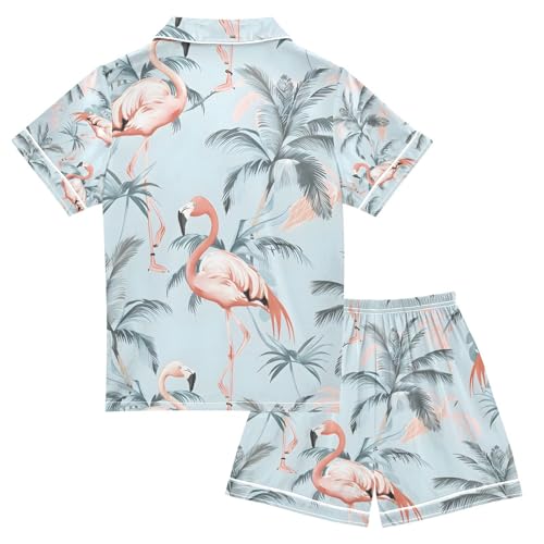 senya Flamingos Palm Trees A Satin Summer Pajama Sets Silk Short Sleeve Button Down Sleepwear2