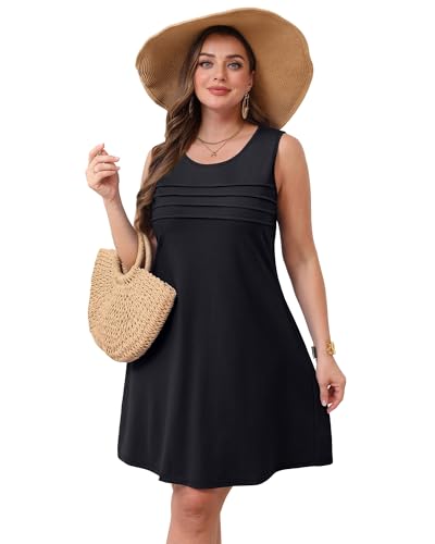 Image of OFEEFAN Womens Pleated Front Tank Dresses Fashion Spring Sleeveless Pockets Sundress Casual Summer