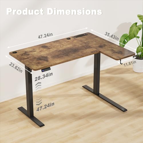Image of Mr IRONSTONE L Shaped Electric Standing Desk, 47 Inch Height Adjustable Desk with 3 AC Outlets & 2 USB Ports, Corner Adjustable Desk Sit Stand Desk Home Office Computer Desk, Rustic Brown
