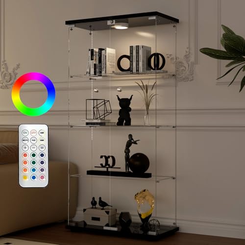 Aplancee Glasvitrine Standvitrine in Schwarz mit LED, 164 * 36.3 * 80.5cm Vitrinenschrank mit 4 Glasböden & 2 Türen aus gehärtetem Glas, Vitrine für Wohnzimmer Büro Sammlerstücke Bücher Wein