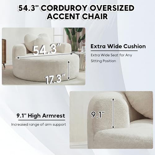 Image of Oversized Round Chair Lounge Chaise Indoor, 54.3 inch Upholstered Corduroy Deep Seat Single Cloud Sofa Chair with Heart-Shaped Pillow Modern Large Circle Boneless Couch for Living Room, Beige White