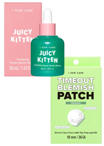 I Dew Care Hydrocolloid Acne Pimple Patch - Timeout Blemish Original + Face Serum - Juicy Kitten | Purifying Power-Green Korean Skincare With Niacinamide, 1.01 Fl Oz Bundle #TOP28