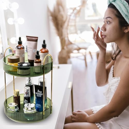 Image of Nieifi KIMEE 360 Rotating 2-Tier Makeup Organizer | Elegant Clear Green Lazy Susan Vanity Storage for Skincare Perfumes and Cosmetics | Multi-Purpose Tabletop Countertop Rotating Organiser Tray