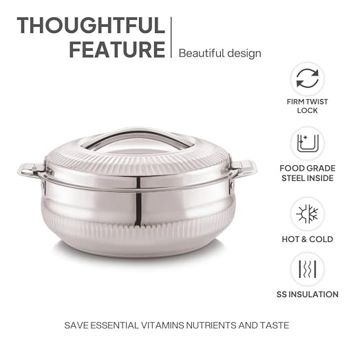 Image of CELLO Aroma 2000 Insulated Stainless Steel Casserole Hot Pot Box for Daily Use 2000 ml Silver | Keeps Food Hot & Warms for Long Hours, Food Grade Double Wall PU Insulated Roti Rice Hot Pot Casserole