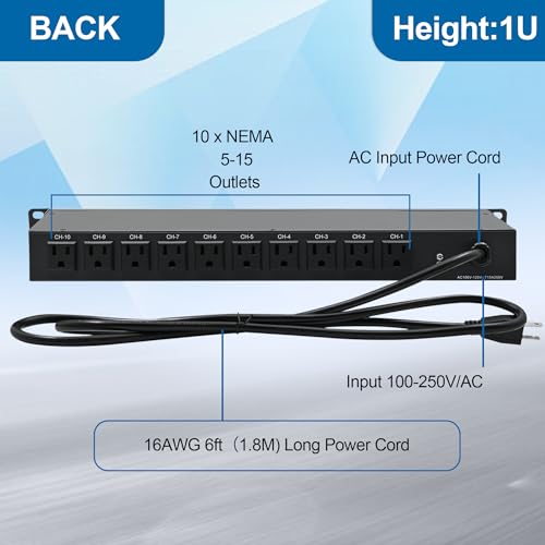 Image of 1U Horizontal PDU 19 inch Rack Mount Power Strip | Overload protector, 10 NEMA 5-15R Outlet, 120V 15A, 1800 Joules, Heavy-Duty 16 AWG 6 ft Cord, Suitable for Server Cabinet