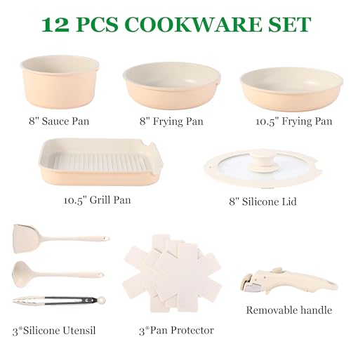 12pcs Pots and Pans Sets Non Stick, Cookware Set with Detachable Handle, Induction Pan Set for RV Cookware,Oven Safe, PFOA Free(Hazelnut) - Image 2