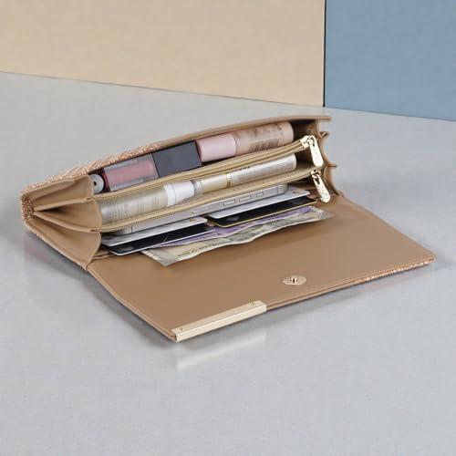 Image of Wallet for Women Girls Stylish Floral Faux Leather with Phone Space Coin Compartment Mobile Storage 4 Card Slots Holder Cash Zip Pockets Hand Clutch for Daily Use Ladies Long Purse (Khaki)