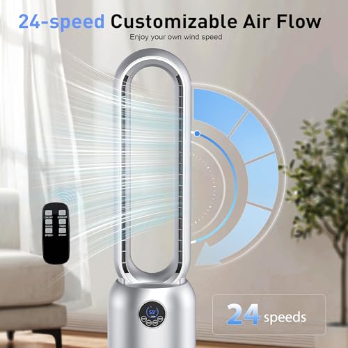 Image of 36 inch Bladeless Tower Fan for Bedroom, Powerful 26ft /s Airflow, 24 Speeds, 90 Oscillation, 12H Timer, Standing Fans with Remote, Quiet Bladeless Cooling Fan for Home Office Room, Light Grey