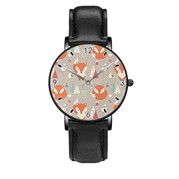 Little Fox Omringd door Bloemen Horloges Quartz Horloge Horloges Voor Vrouwen Mannen Business Leisure Unisex Lederen Horloges, Zwart