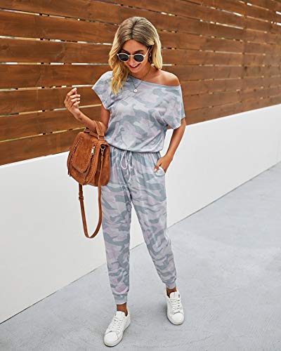Image of PRETTYGARDEN Jumpsuits for Women Summer Off Shoulder Romper | Short Sleeve Drawstring Waist, Jogger Jumpers with Pockets, One Piece Spring Break Outfits, Vacation Travel Lounge Clothes