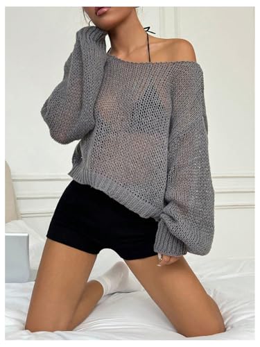 Image of SweatyRocks Women's Hollow Out Loose Sweater Lightweight Sheer Long Sleeve Pullover Sweater Grey Medium