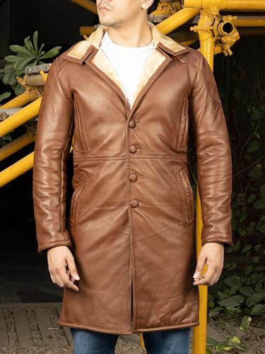 Image of Jild Shearling Leather Trench Coat Men Stand Collar Warm & Stylish Real Lambskin Long Leather Jacket Men Coats Winter
