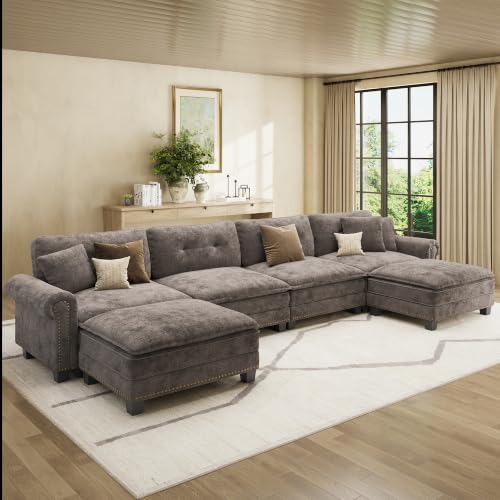 Image of HERA'S HOUSE 150 inch Oversized U Shaped Modular Sectional Couch Living Room | Mid-Century Modern 6-Seater Cloud Sofa, Grayish Brown, Rolled Arms & Nailhead Trim, Wider & Deeper Seats, Ottoman, Chenille