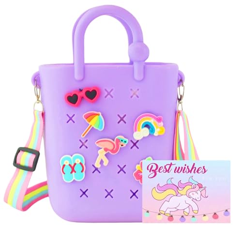 SunsprieJoy mini bogg bag bogg bag for Birthday gift silicone mini tote with strap & 6 DIY charms Beach outing Daily errands Ballet class Crossbody carrying for girls small carryall (Purple)
