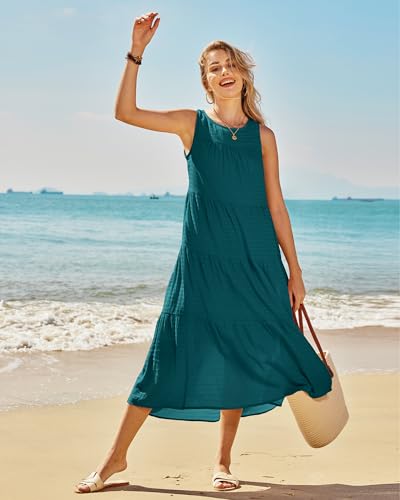 Image of Newshows Women's 2024 Summer Midi Dresses Sleeveless Crewneck Beach Boho Casual Loose Long Flowy Tiered Sundress with Pockets