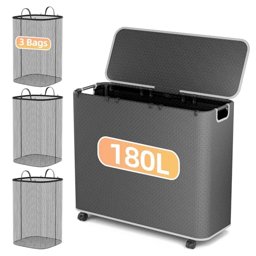 Yecaye 180L Laundry Basket With Lid and Removable 3 Bags, Large Rolling Laundry Hamper with Lid, 3 Section Rolling Clothes Storage With Wheels, Clothes Hamper with Wheels For Laundry Room, Black