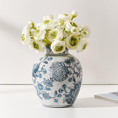 SIDUCAL Ceramic Chinoiserie Floral Vase | 6.3 Inch Blue and White Vintage Vas...