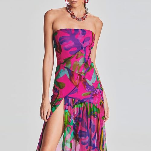 Image of Womens Strapless Maxi Dress Slim High Slit Mesh Long Dress Sexy Party Club Night Out Dress 2024 Summer Vacation